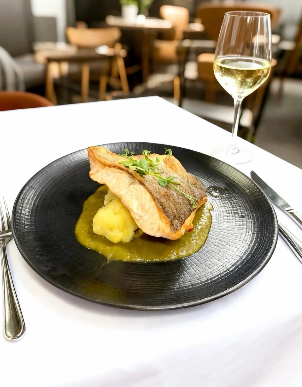 Lomo de salmón con copa de vino blanco