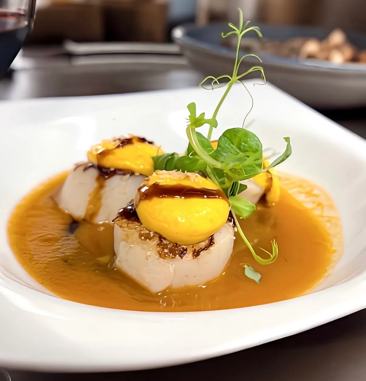 Vieiras salteadas con crema de calabaza